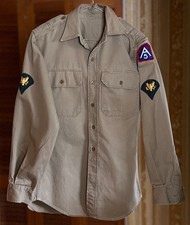 VTG 50s US Army Military Khaki Long Sleeve Patched Uniform Shirt Sz S See Pics 