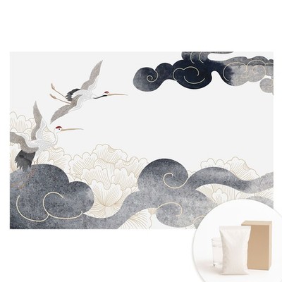 Non-Woven XXL Wallpaper 3D Effect Bedroom Cranes And Clouds In A Classic Style