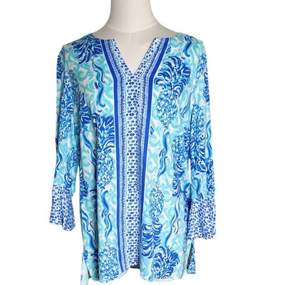 Lilly Pulitzer Tunic Top S Pineapple Print Blue White Bell Sleeve Resort