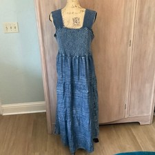 Soft Surroundings denim blue ruched stretch tiered maxi nap dress Large Petite