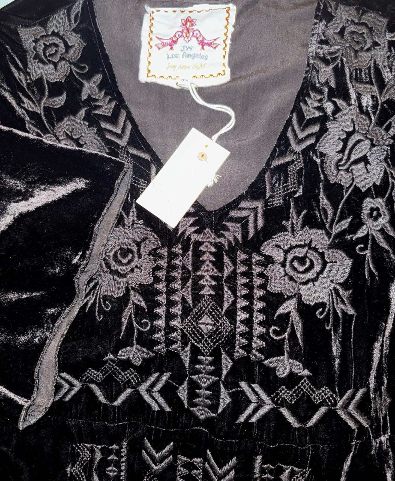 Johnny Was 3X 3XL Plus Black Velvet Shift Mini Dress Tunic Top Embroidered NWT