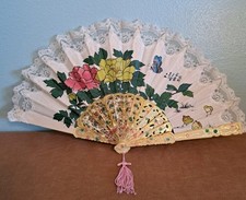 Vintage Lace Floral Hand Fan Embossed Painted Celluloid 9.5 Inch