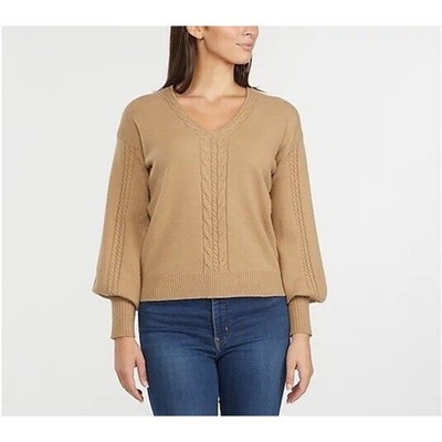 Ellen Tracy V-Neck Cable Knit Sweater Camel Tan NWT MSRP $89.00 Medium Plush
