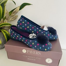 Pavers Women’s Slippers UK 7 EU 40 Blue Polka Dot Pom Pom Cozy Slip-On Rubber 