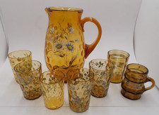 Antique Amber Glass Coin Dot Pitcher, Painted...