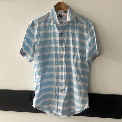Robert Graham Men's Short Sleeve Blue Stripped Button Up Shirt . Large. Retro