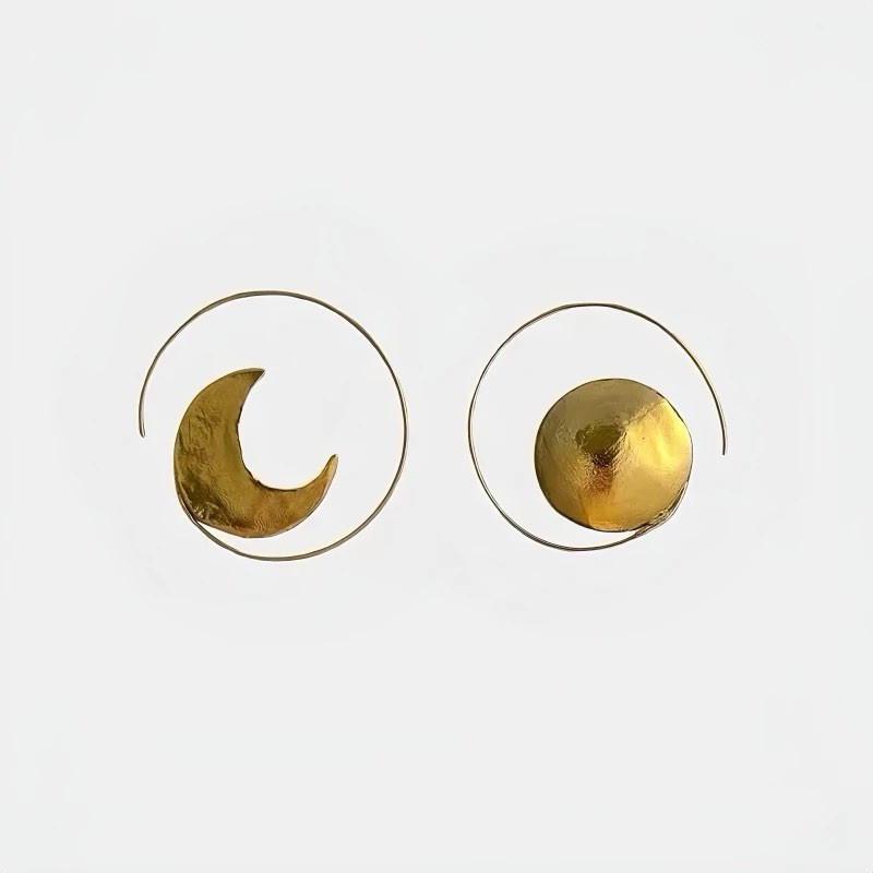 Asymmetrical Gold Moon & Sun Spiral Earrings – Artistic Celestial Design