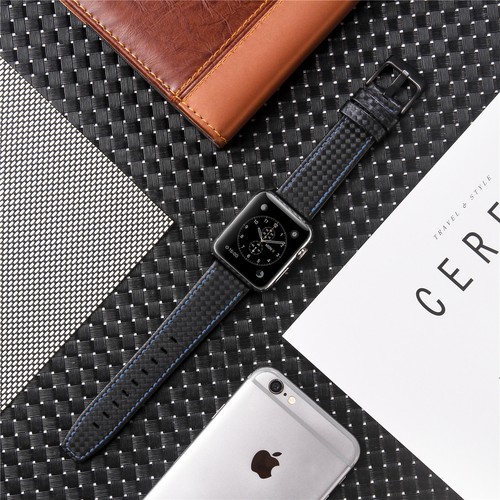 CARBON FIBRE Genuine Leather Band Strap Cover Case For Apple Watch Series 654321 - Picture 5 of 10