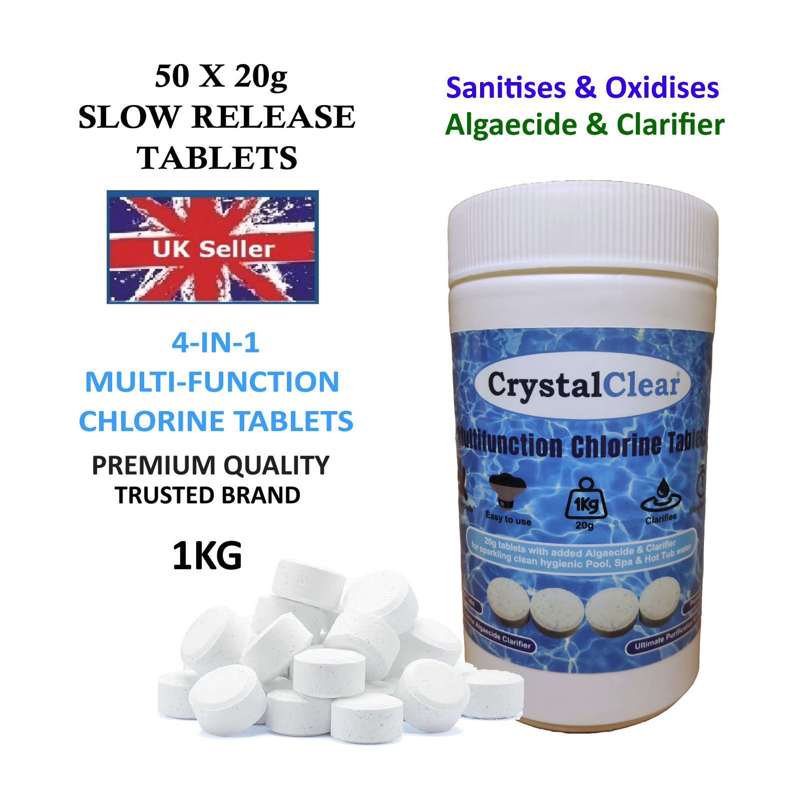 CHLORINE TABLETS 4in1 Multi functional for Hot Tub Spa Swimming Pool 1Kg 50x20g