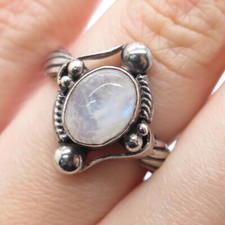 925 Sterling Silver Vintage Real Moonstone Beaded Oxidized Ring Size 5.75