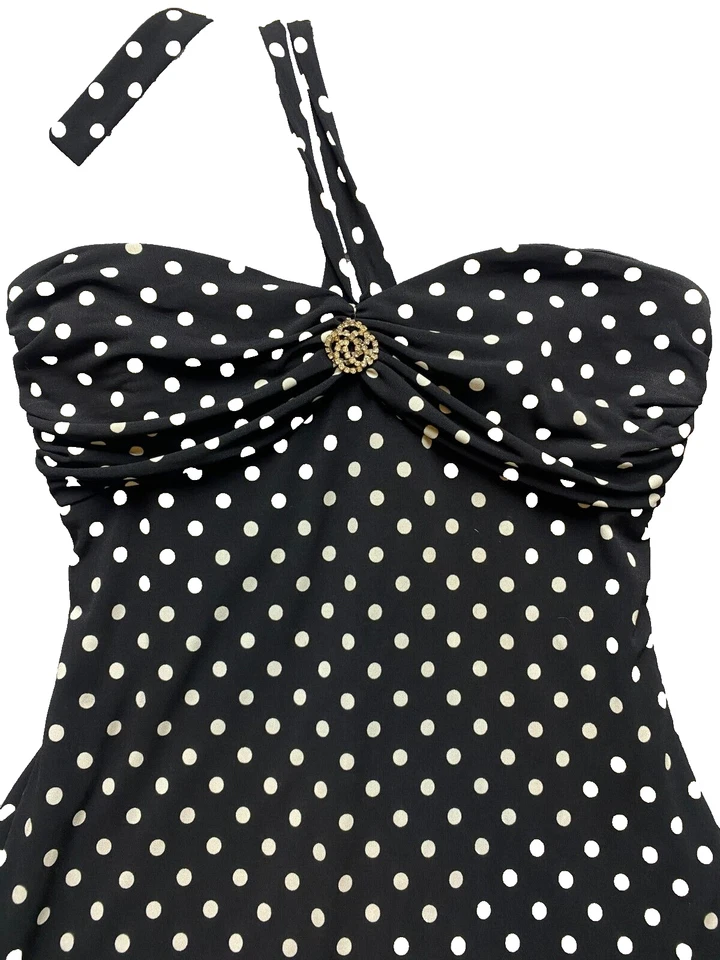 Blondie Nites Pin-Up Dress Womens 11 Black White Polkadots Halter Cocktail Lady - Image 2 of 4