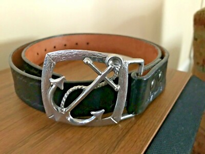 HAND TOOLED BLACK LEATHER BELT WITH BUCKLE OF SEA MOTIF