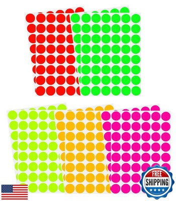Neon Color Coding Labels ~ 3/4'' (0.69) inch 17 mm Round Dot Stickers - 5 Diff