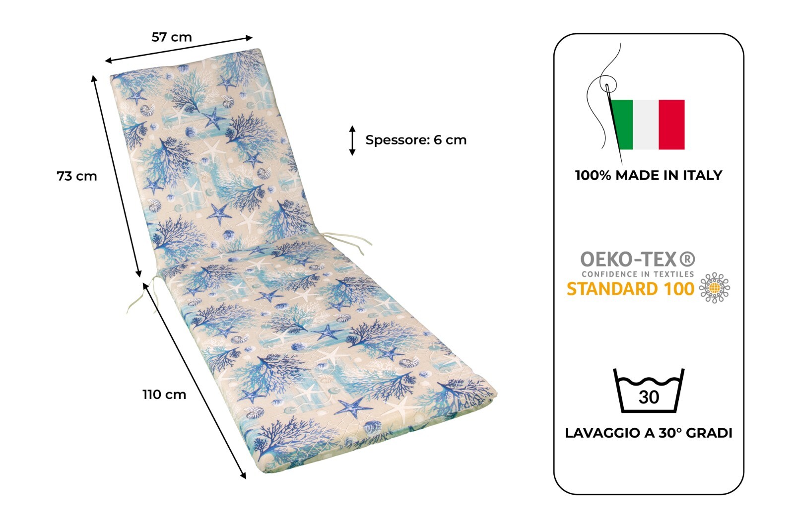 CUSCINO LETTINO PRENDISOLE  PER ESTERNO CM 110+73 L 57 SP 6 CORALLO AZZURRO
