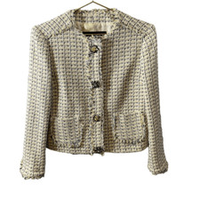 Zara Tweed Yellow Blue Jacket With Gem Crystal Buttons Size Small