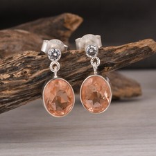 Women Dangle Earrings Oval Shape Jewels 925 Silver With CZ & Morganite Quartz