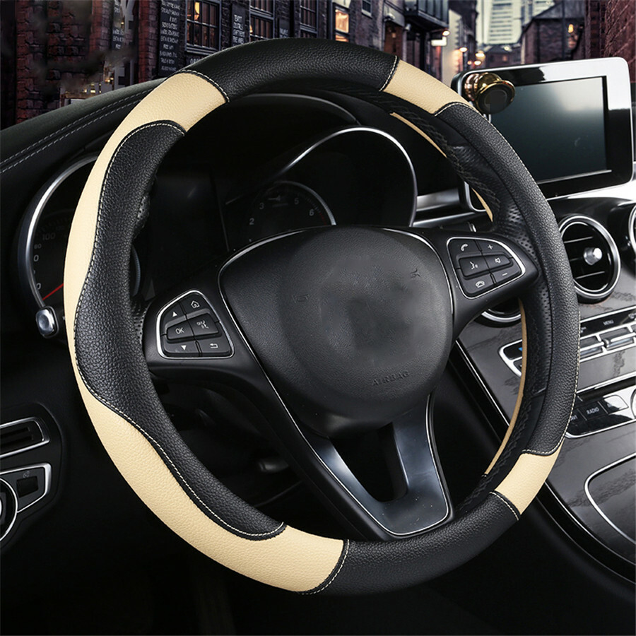 Black/Beige 38cm 15in Car Steering Wheel Cover PU Leather Anti-Slip Sport Style