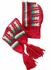 Vintage 80s Hearts Rainbow Knit Hat Beanie Scarf Ski Cap Red Green Yellow Girls