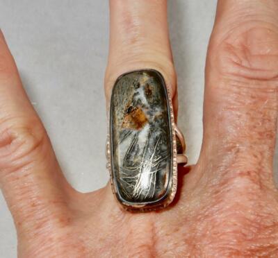 Pyrite in Agate Long Rectangle Ring 925 Sterling Silver Size 9 Balancing Stone