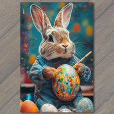 POSTCARD Playfu Bunnyl Rabbit Creating Colorful Easter Egg Joyful Celebration