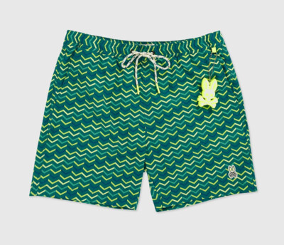 Psycho Bunny Men's Harbor Blue-Green Carwin Graphic Print Swim Trunks