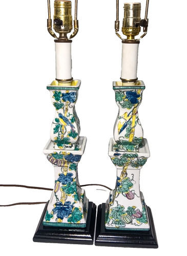 Pair of Vintage Chinoiserie Style Porcelain Candlestick Table Lamps 26 1/2"