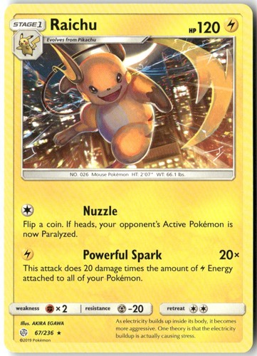 Raichu 67/236 Rare Cosmic Eclipse Pokemon Moderately Played