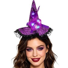 Halloween Witch Hat Headband Light Up Witch Hairband Glitter Lace Flower Feat...