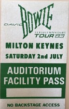 DAVID BOWIE 1983 Milton Keynes Facility Backstage Pass 7/2/83