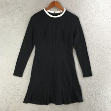 LOFT Dress Womens 0 Fit & Flare Ruffle Neck Long Sleeve Back Zip Black White