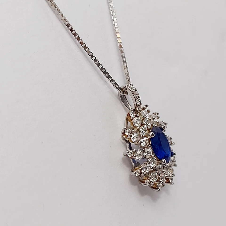 Collana Argento 925 Donna Ciondolo Pendente Gioiello Pietra Blu Zaffiro  Zirconi - Immagine 2 di 4