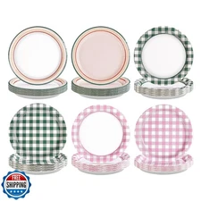Grencian 60Pcs Pink Green Gingham Paper Plates 9" Disposable Heavy Duty Pink 
