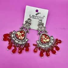 Chandbali Earrings Silver Tone with Red beads & Marbled - Indian Jumka