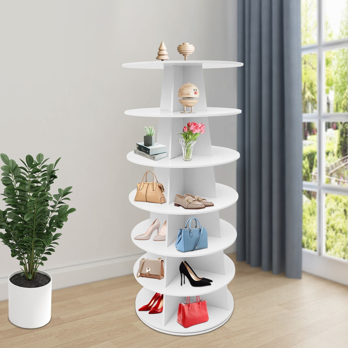 7-tier Rotating Shoe Rack, 360° Revolving Shoe Organizer White