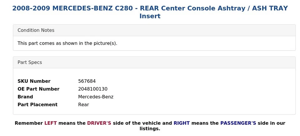 Mercedes-Benz C280 2008-2009 - Cenicero consola central trasero/inserto de bandeja de ceniza Foto 4 de 4