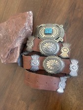 Stamped Sterling  Turquoise Concho Belt  Buckle Native Hand Crafted Vtg 336g