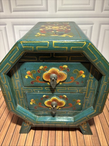 Vintage Tibetan Style Hand-Painted Octagonal Nightstand Floral Peony Chest 16”