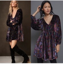Anthropologie Mona Burnout Velvet Floral Mini Dress Long Billowy Sleeves Size XL