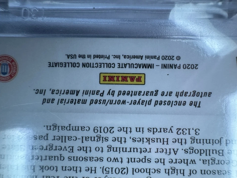 2020 Panini Immaculate Jacob Eason Vertical RPA /49 3 Color Game-Used Patch - Image 3 of 4