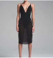 NWT RARE SKIMS Power Mesh Plunge Midi Dress Onyx Black Large Sheer Bodysuit Zip