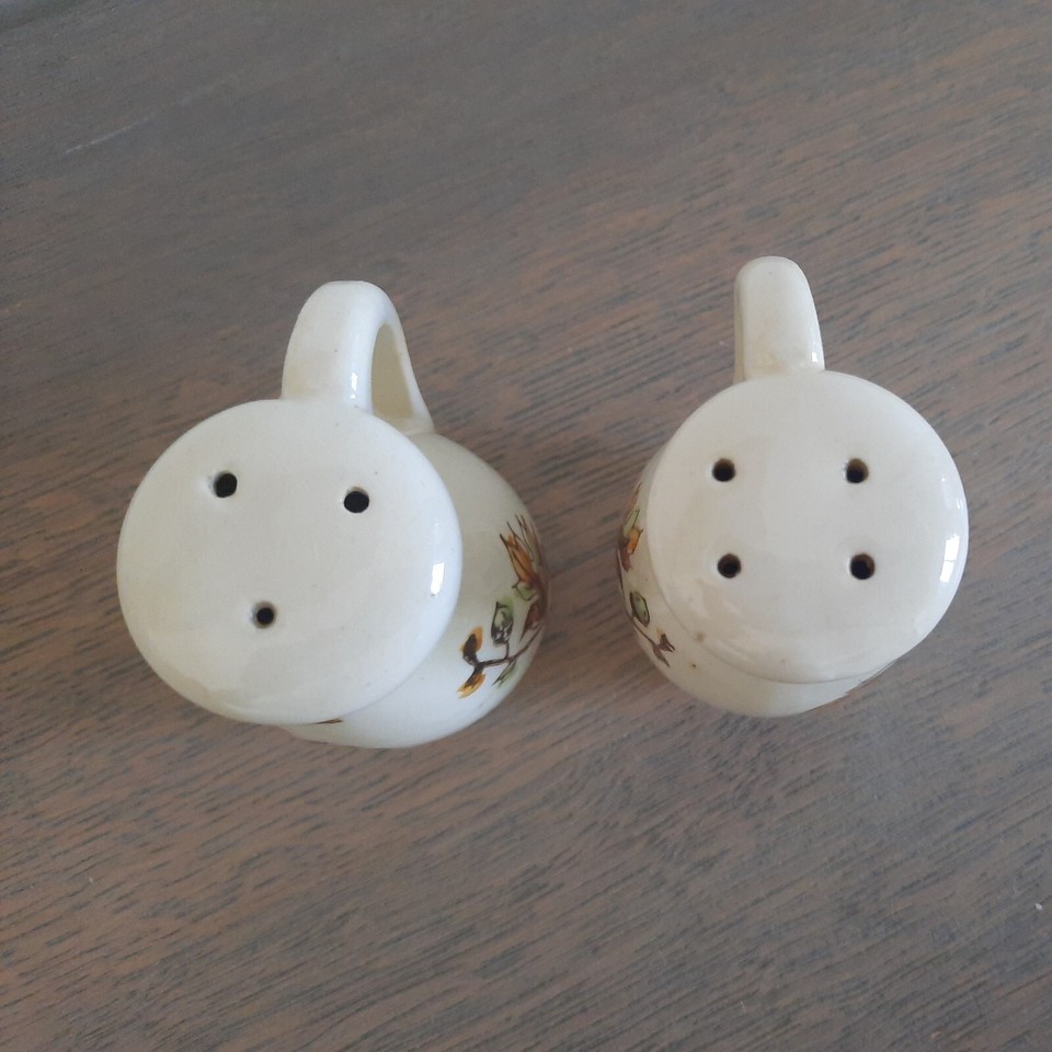 Vintage Salt & Pepper Shakers With Handles Painted Oak Tree Acorns Bird