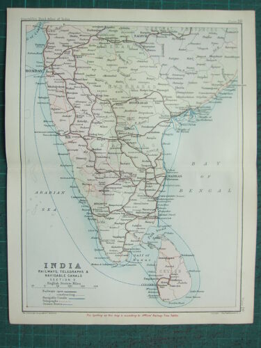 1893 INDIA EMPIRE MAP ~ INDIA SOUTH MADRAS CEYLON RAILWAYS CANALS TELEGRAPHS