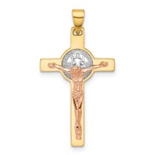 14K Two-tone Gold with White Rhodium Crucifix  St Benedict Pendant L- 1.23 Inch