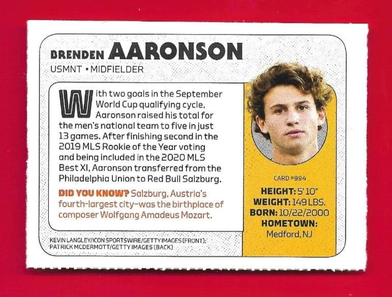 2021 Sports Illustrated BRENDEN AARONSON SI Kids-Medford NJ, USA World Cup #994 - Image 2 of 2