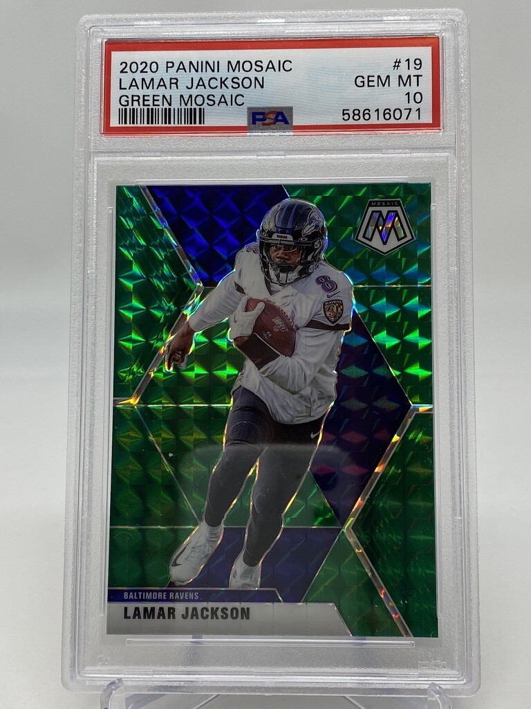 2020 Panini Mosaic #19 Lamar Jackson Green Mosaic - PSA 10 view 6