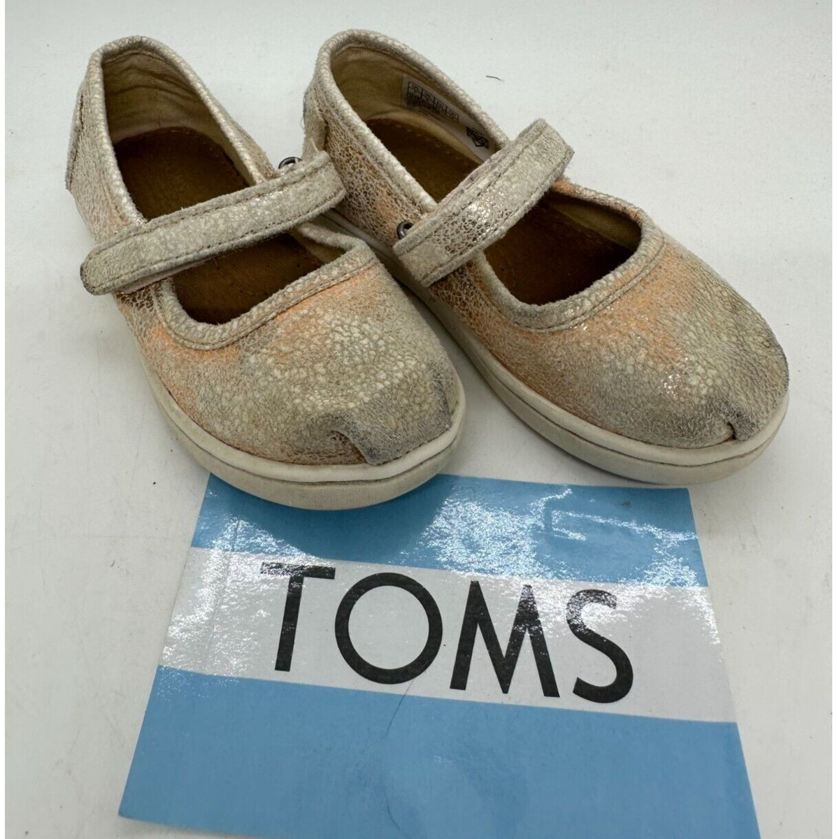 TOMS Tiny Mary Jane Shoes Rose Gold Crackle Foil Girls Toddler