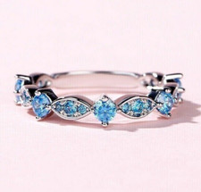 1.5ct Lab Created Blue Topaz Women's Half Eternity Wedding Band Ring 925 Silver