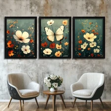 Flowers and Butterfly Art Print Set Of 3 Nature-Inspired Wall Decor Floral Print