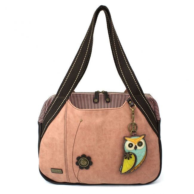 Chala Owl II Bowling Bag In Dusty Rose - Top Zip Tote With Detachable Owl Keyfob & Side Pockets