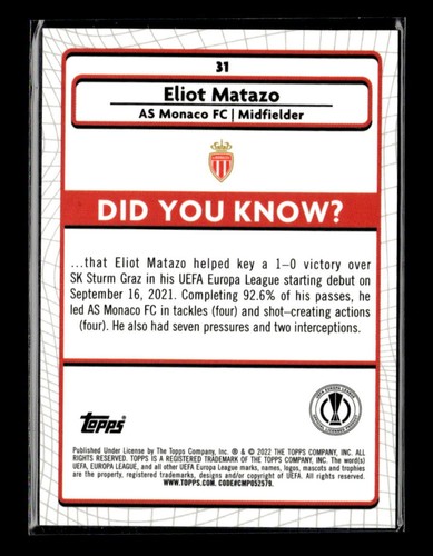 2021-22 Topps Merlin Chrome UEFA Eliot Matazo RC AS Monaco FC - Picture 2 of 2